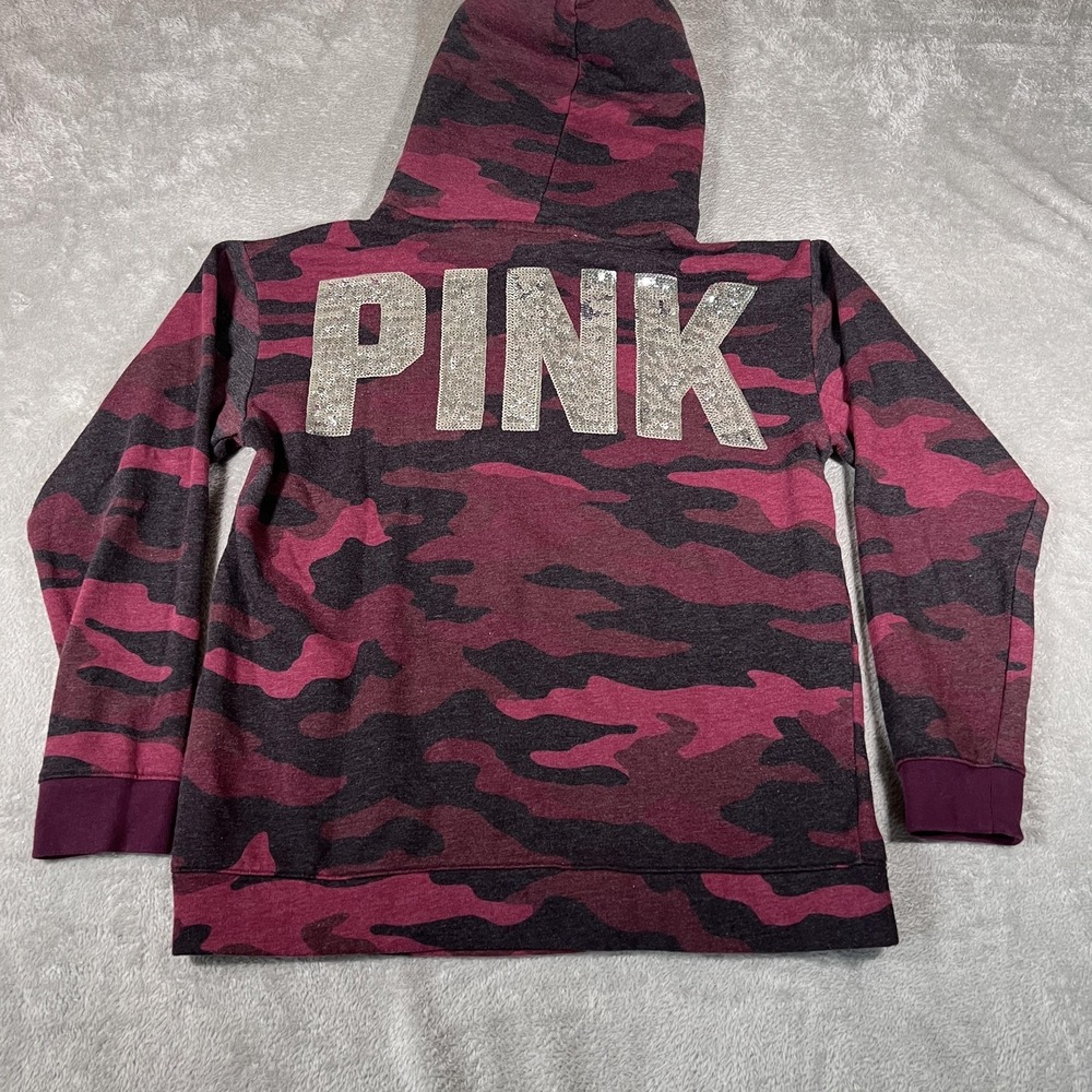 Victoria's Secret PINK Hoodie Womens Small Red Camo Sherpa Hood Sequin Spellout‎